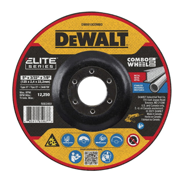 ELITE Series DW8910COMBO Cutting Wheel, 5 in Dia, 0.093 in Thick, 7/8 in Arbor, 24 Grit, Ceramic Abrasive