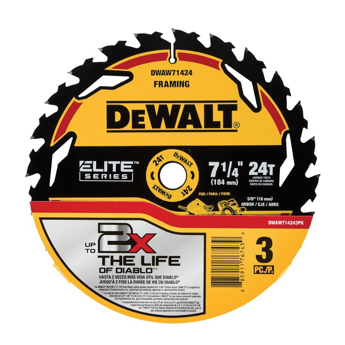 ELITE Series DWAW714243PK Circular Saw Blade, 7-1/4 in Dia, 5/8 in Arbor, 24-Teeth, 3/PK