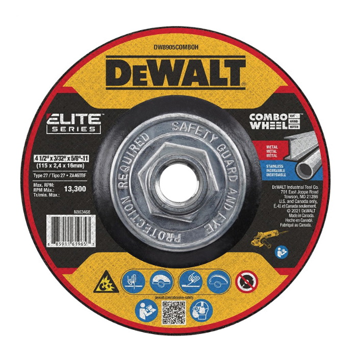 ELITE Series DW8905COMBOH Cutting Wheel, 4-1/2 in Dia, 0.093 in Thick, 5/8-11 Arbor, 24 Grit, Ceramic Abrasive