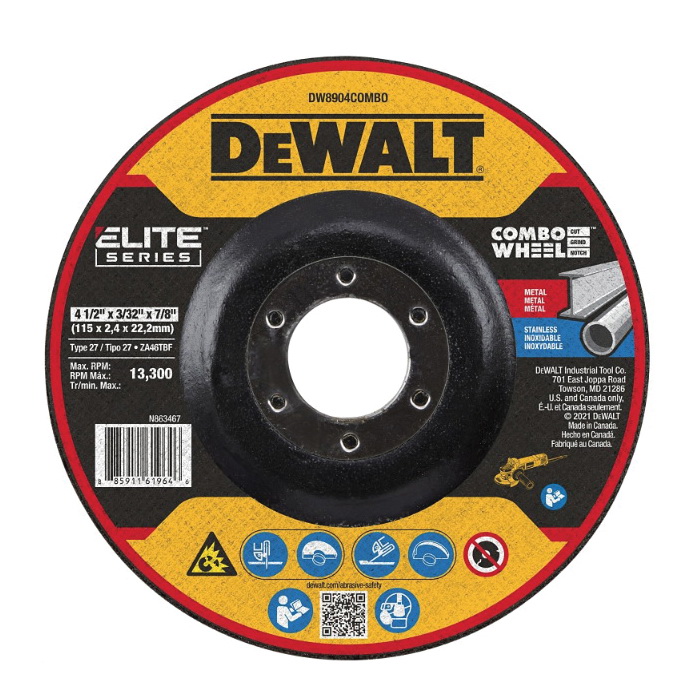 ELITE Series DW8904COMBO Cutting Wheel, 4-1/2 in Dia, 0.093 in Thick, 7/8 in Arbor, 24 Grit, Ceramic Abrasive