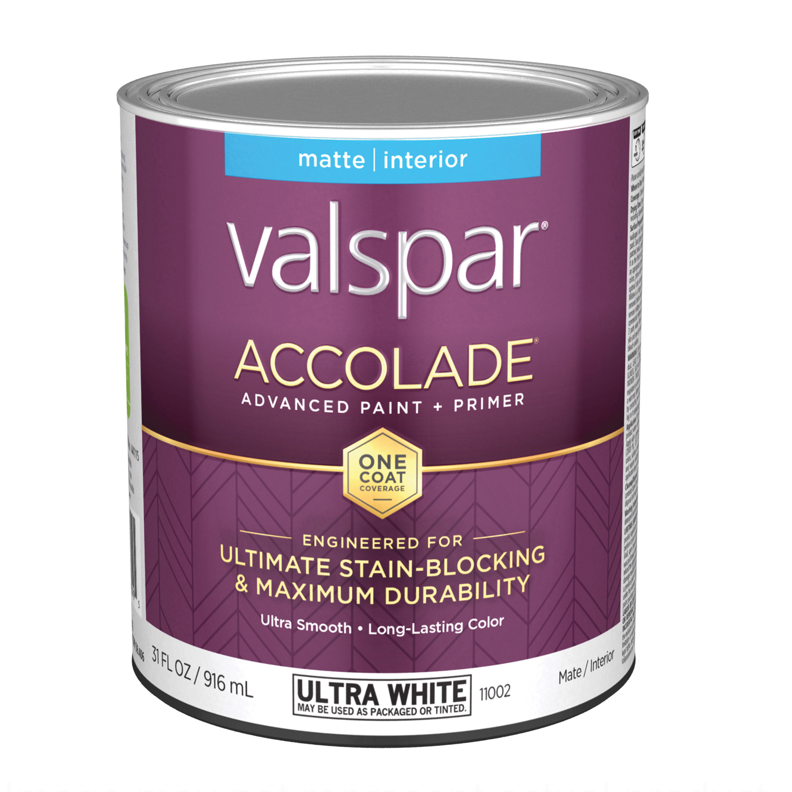 Accolade 1100 028.0011002.005 Latex Paint, Acrylic Base, Matte, Ultra White, 1 qt, Plastic Can