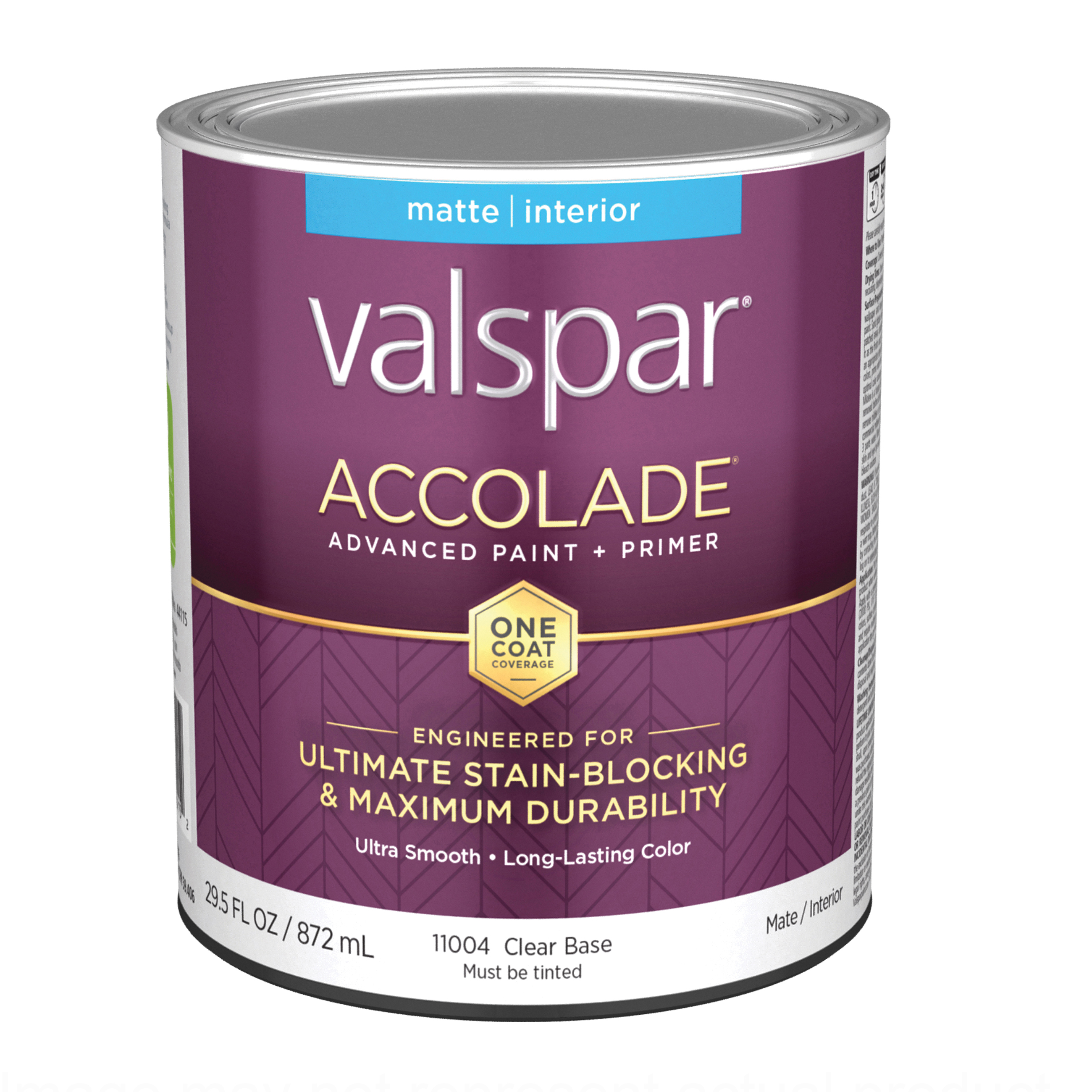 Valspar Accolade 1100 028.0011004.005 Latex Paint, Acrylic Base, Matte, Clear Base, 1 qt, Plastic Can