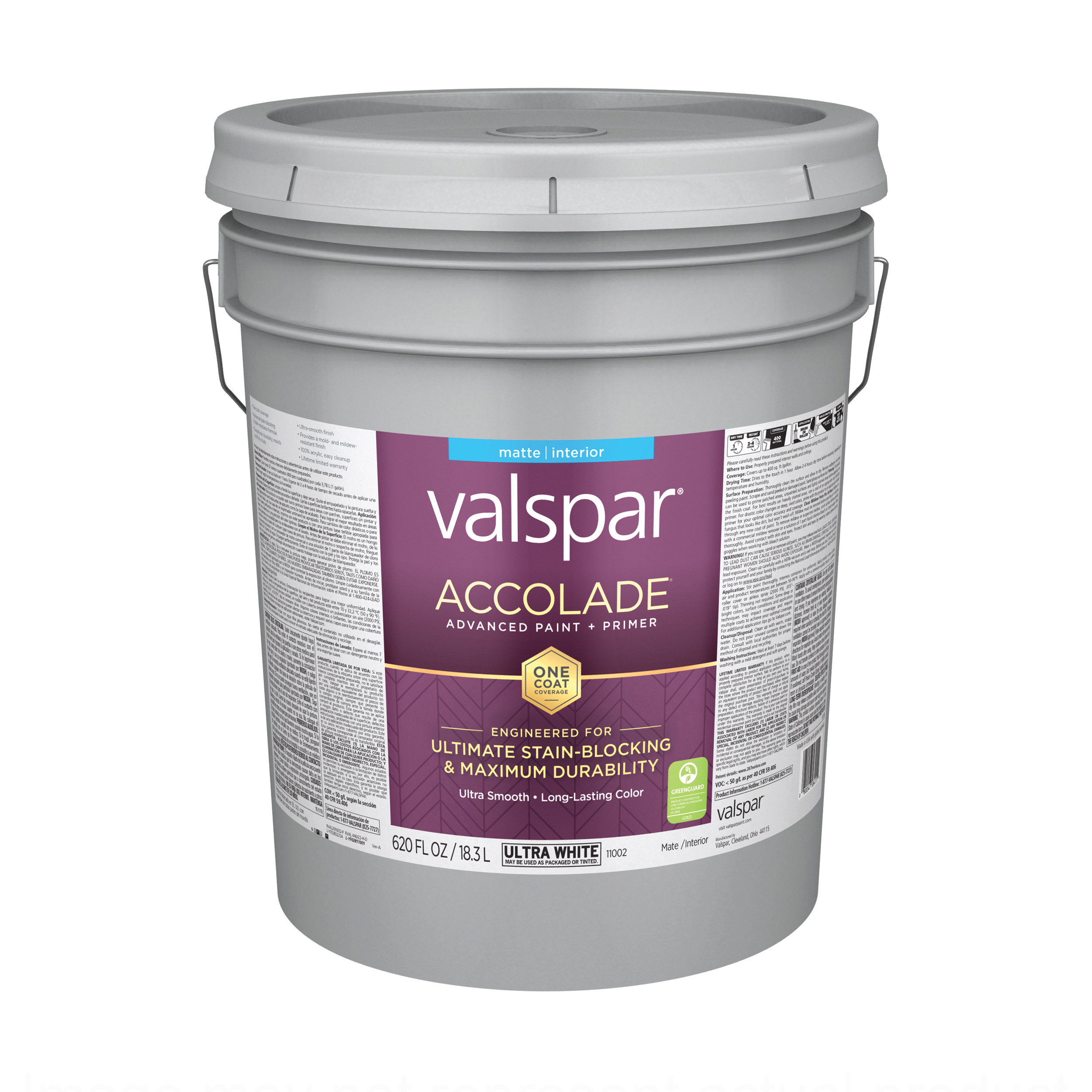 Accolade 1100 028.0011002.008 Latex Paint, Acrylic Base, Matte, Ultra White, 5 gal, Plastic Pail