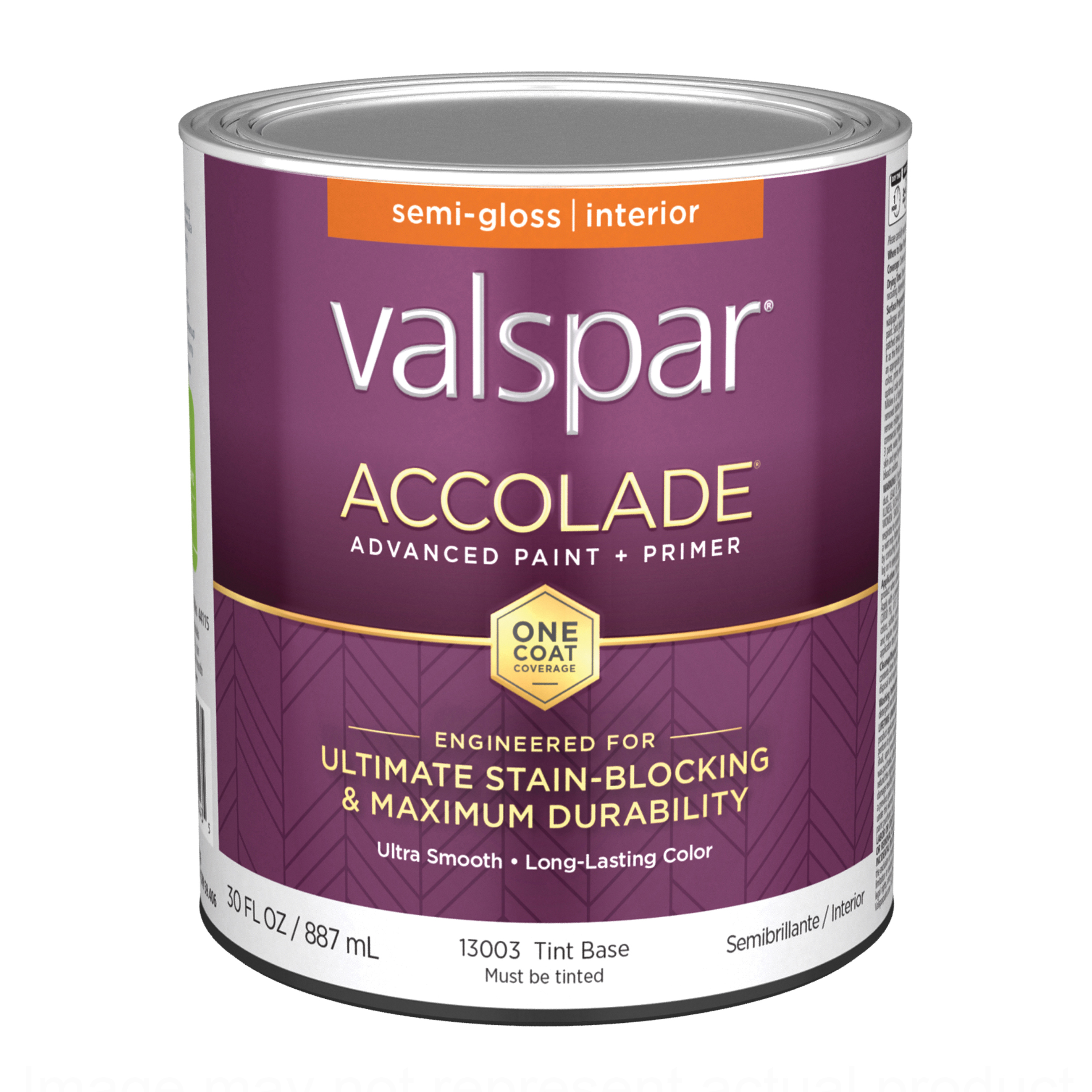 Accolade 1300 028.0013003.005 Latex Paint, Acrylic Base, Semi-Gloss, Tint Base, 1 qt, Plastic Can
