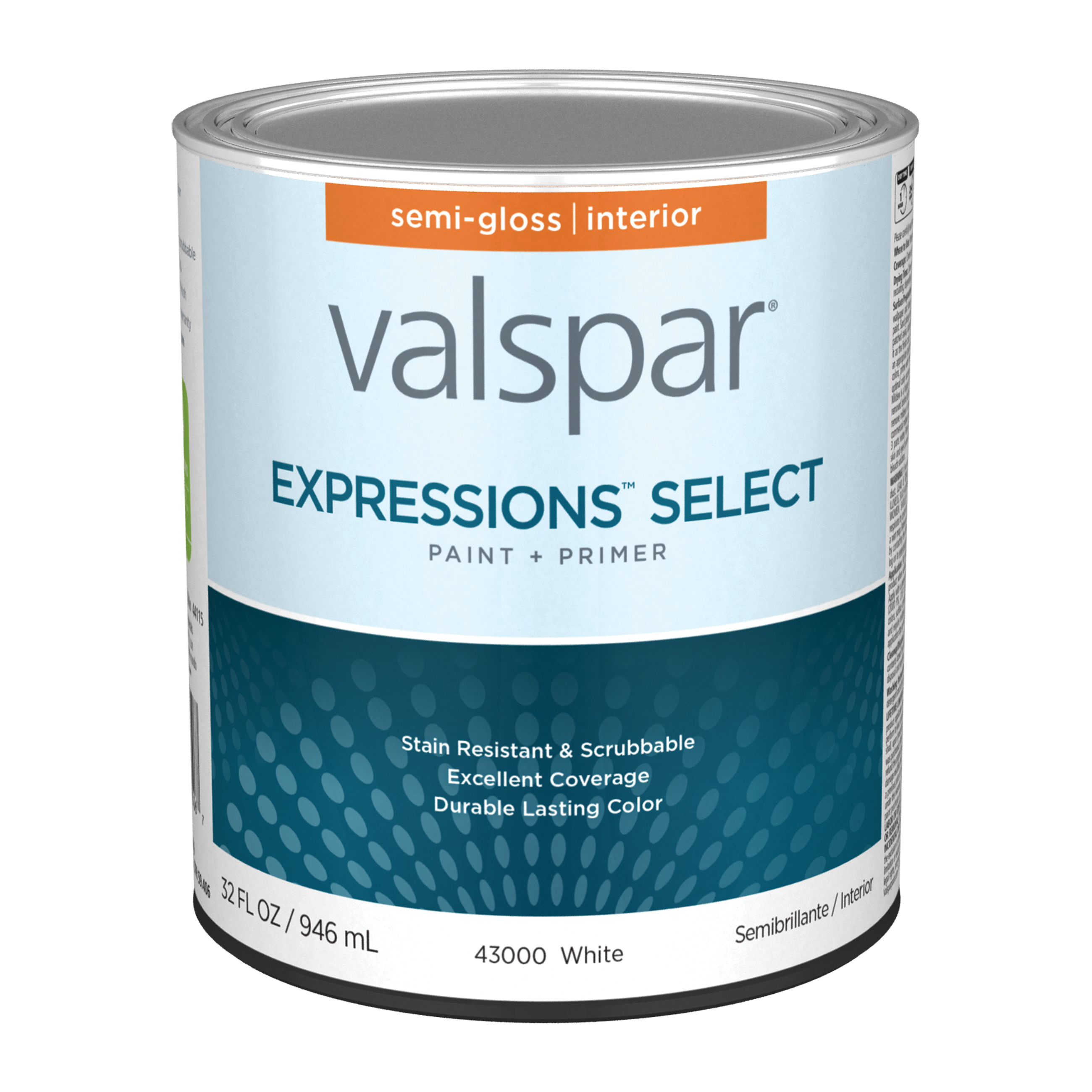 4300 Series 028.0043000.005 Interior Paint and Primer, Acrylic, Semi-Gloss, White, 1 qt Plastic Can