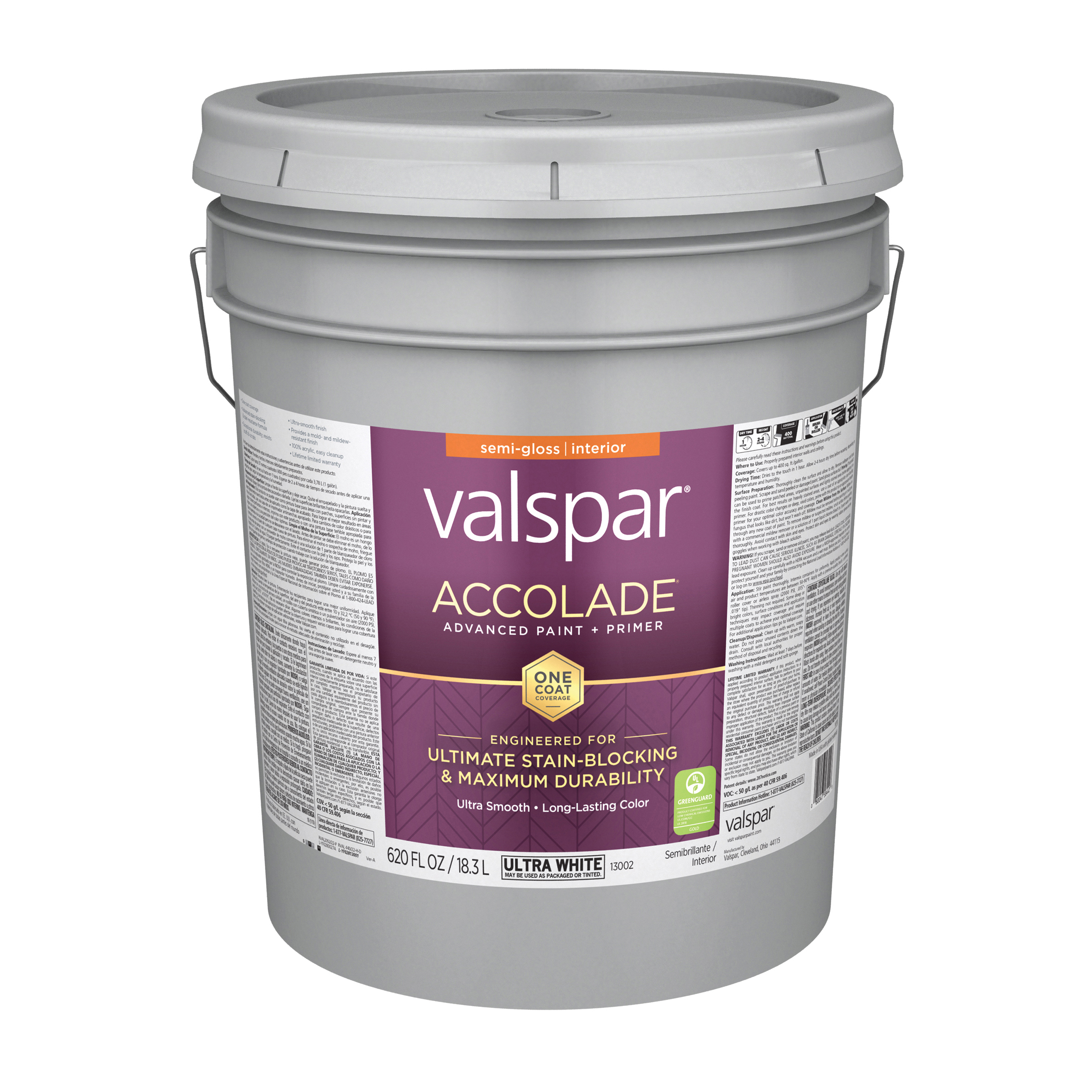 Accolade 1300 028.0013002.008 Latex Paint, Acrylic Base, Semi-Gloss, Ultra White, 5 gal, Plastic Pail