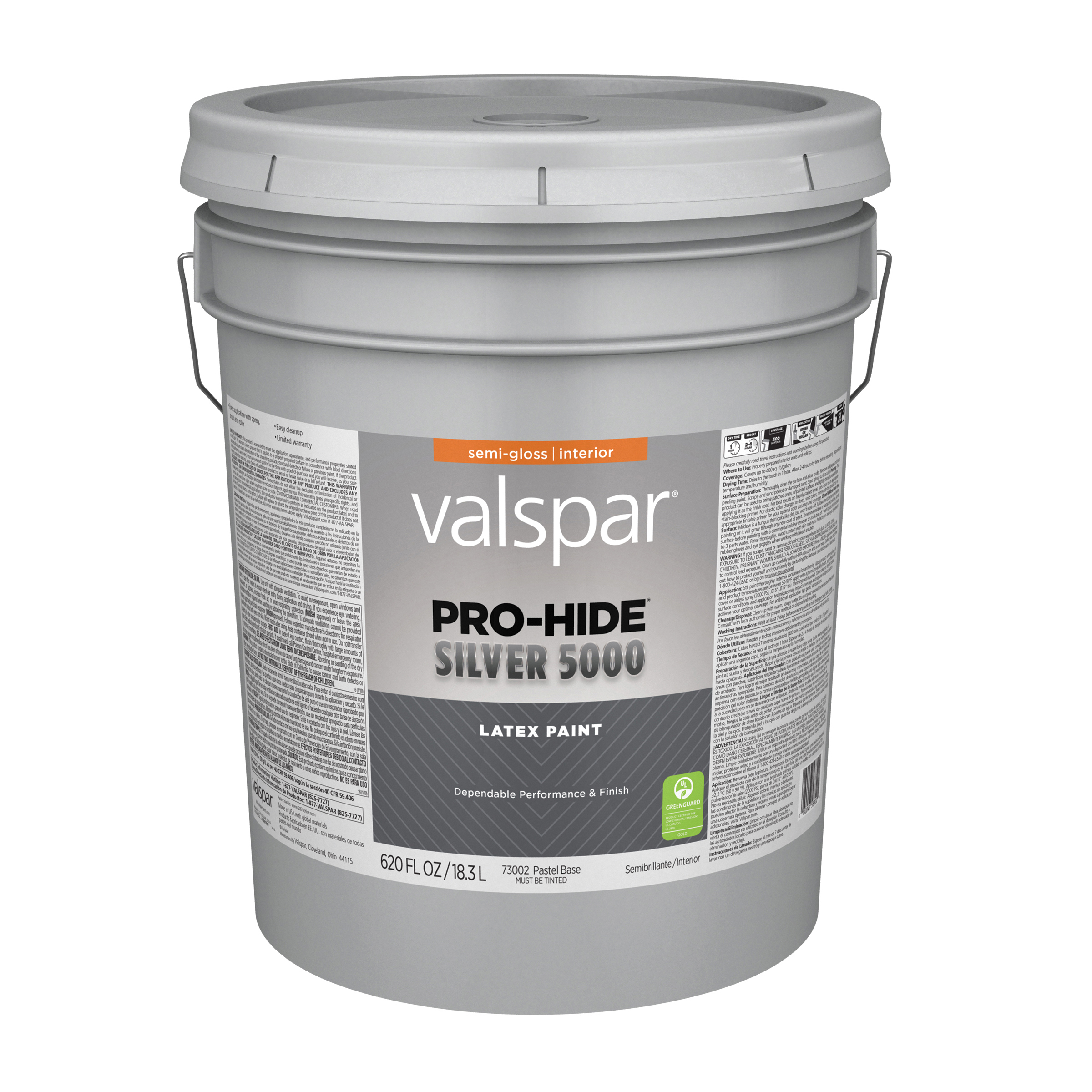 7300 Series 028.0073002.008 Interior Paint, Tintable Pastel Base, Semi-Gloss, White, 5 gal, Plastic Pail