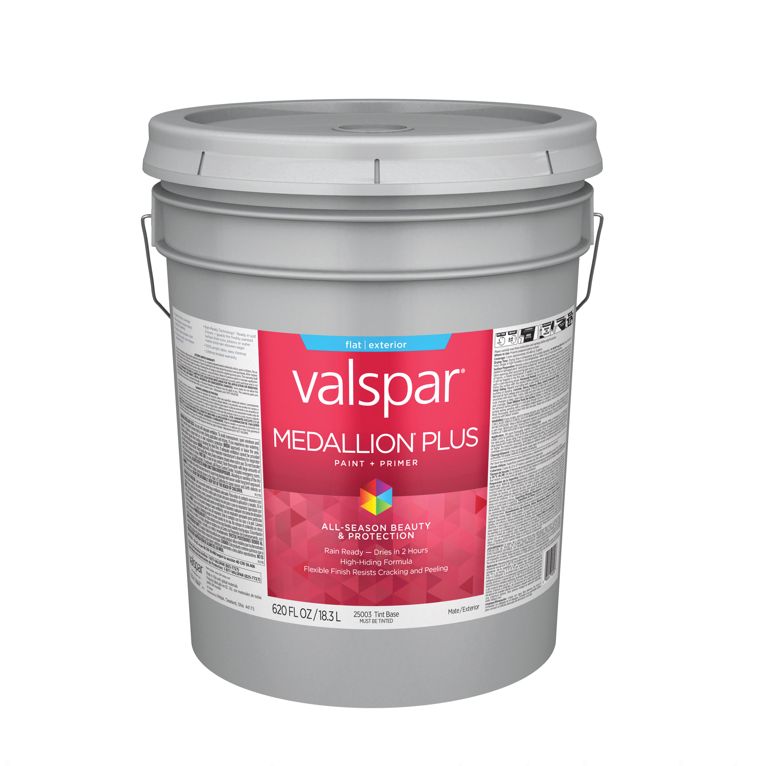 2500 Series 028.0025003.008 Exterior Paint and Primer, Tint, Flat, White, 5 gal Plastic Pail