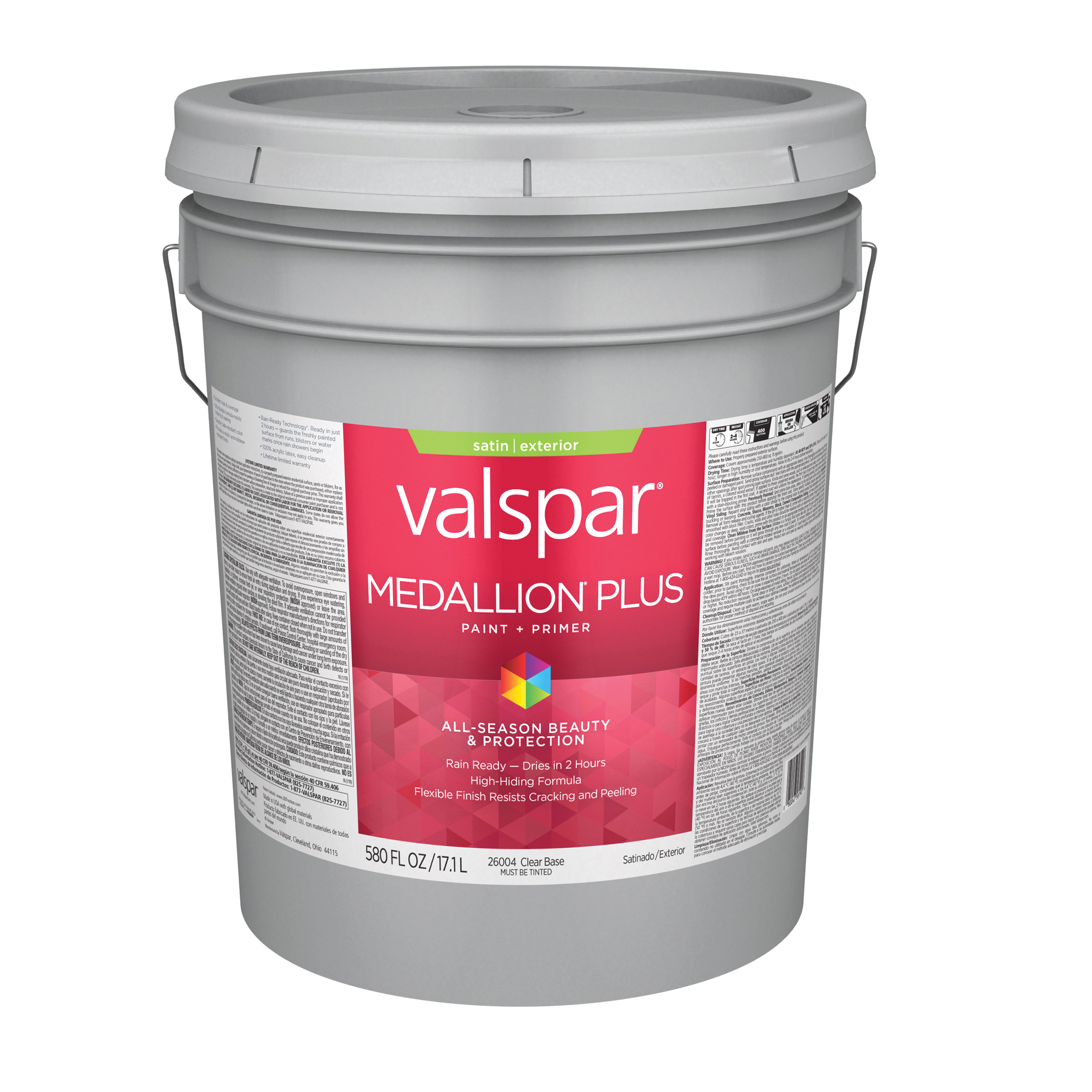 2600 Series 028.0026004.008 Exterior Paint and Primer, Water, Satin, Clear, 5 gal Plastic Pail