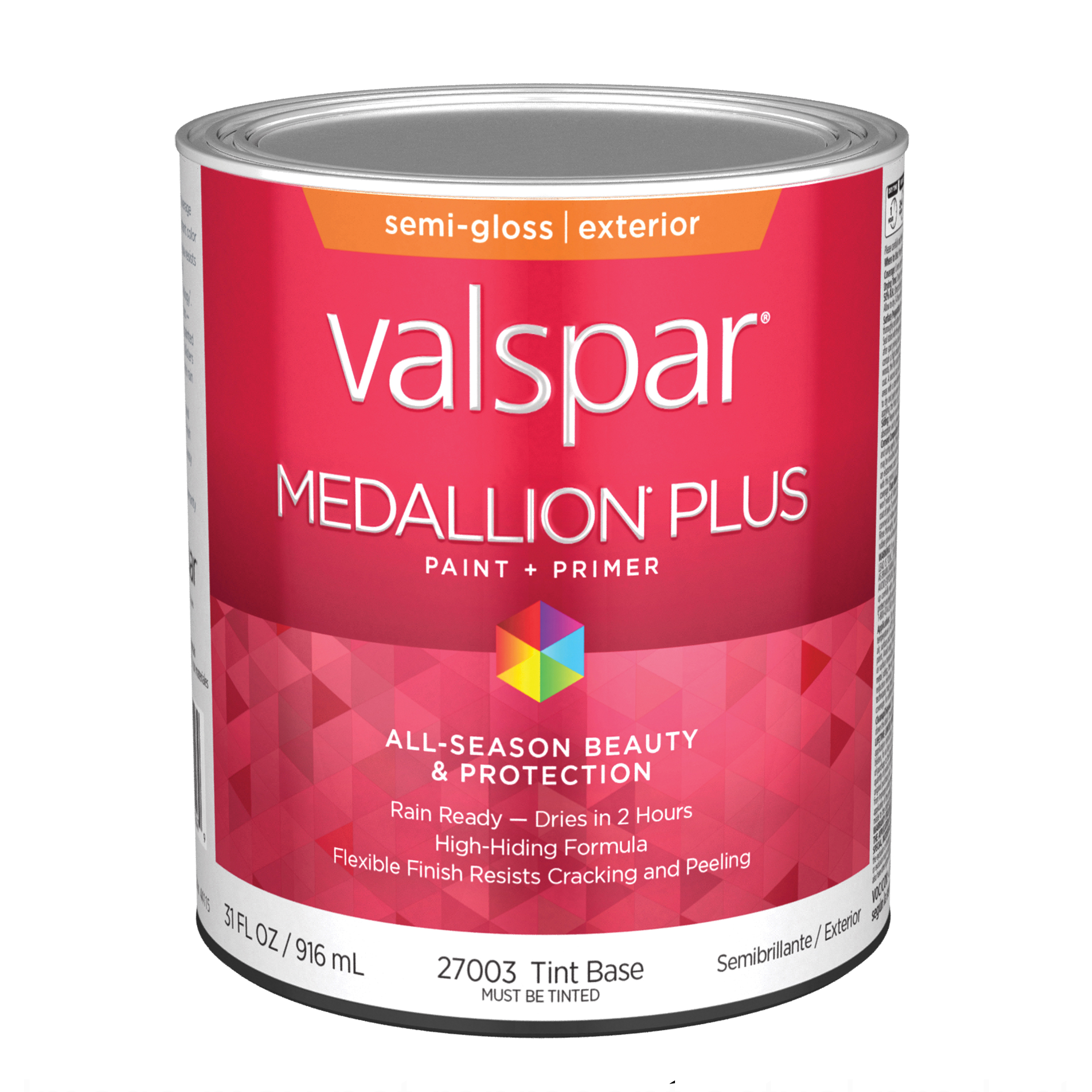 Valspar Medallion Plus 2600 028.0027003.005 Latex Paint, Acrylic Base, Semi-Gloss Sheen, Tint Base, 1 qt