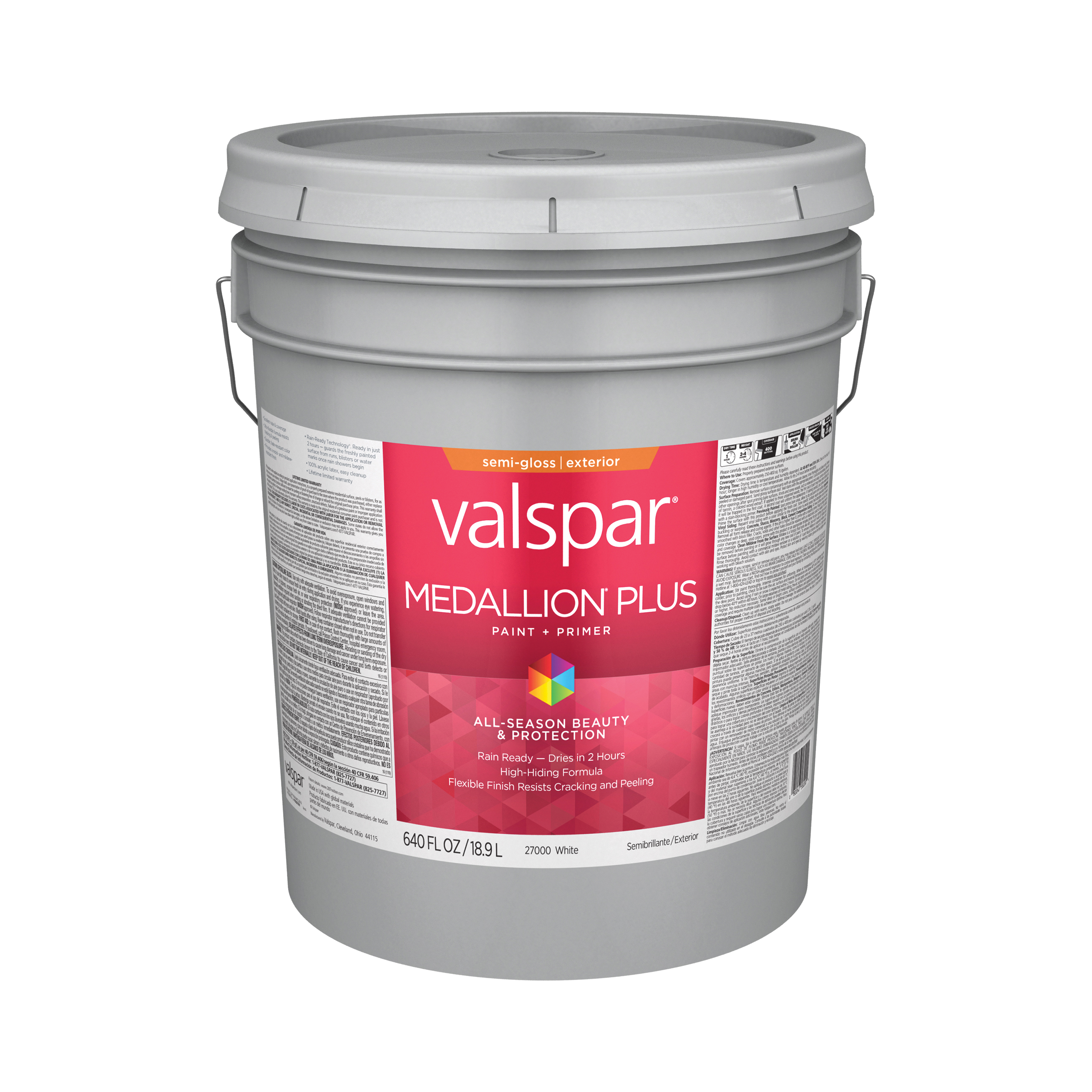 2600 Series 028.0027000.008 Exterior Paint and Primer, Acrylic, Semi-Gloss, White, 5 gal Plastic Pail