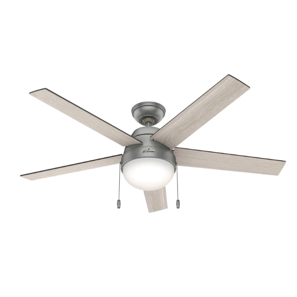 Hunter Anslee 50230 Ceiling Fan, 5-Blade, Grayed Walnut/Light Gray Oak Blade, 52 in Sweep, 3-Speed - 1