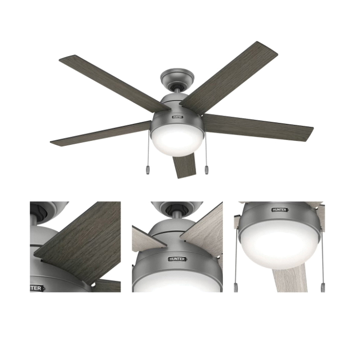Hunter Anslee 50230 Ceiling Fan, 5-Blade, Grayed Walnut/Light Gray Oak Blade, 52 in Sweep, 3-Speed - 3