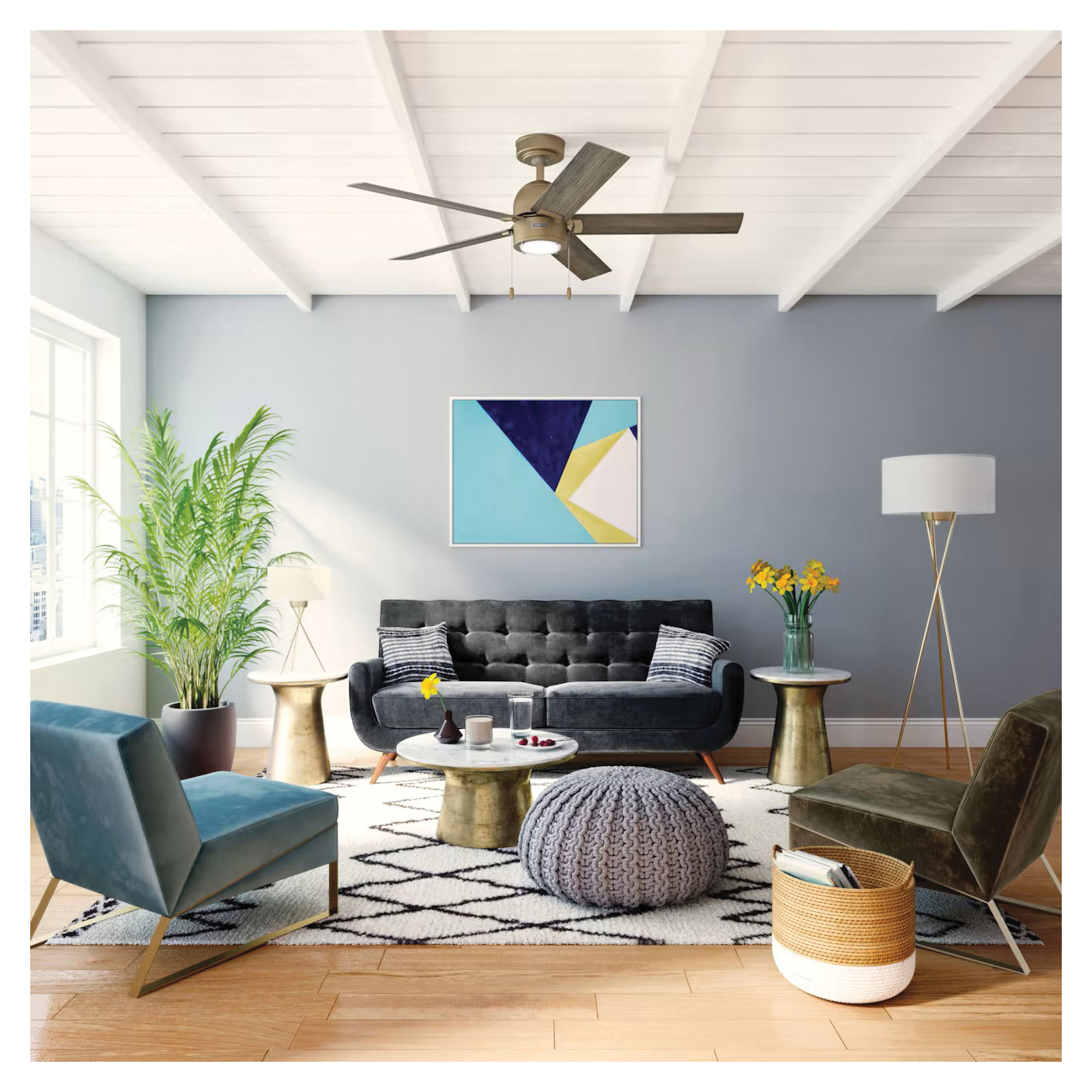 Hunter Erling Series 51759 Ceiling Fan, 5-Blade, Burnished Brass Housing, Warm Gray Oak Blade, 52 in Sweep, 3-Speed - 5