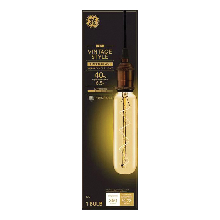 GE 93100096 LED Light Bulb, Vintage, T20 Lamp, 40 W Equivalent, E26 Medium Lamp Base, Dimmable, Amber, Warm White Light - 3