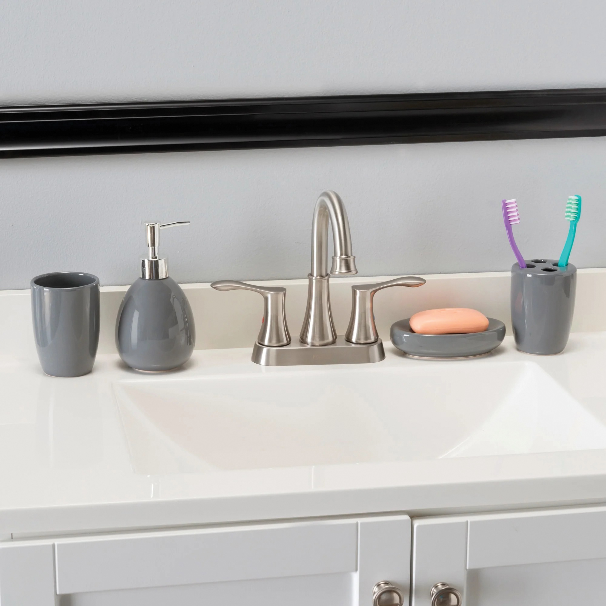 Home Basics BA41532 Bath Accessory Set, 4-Piece, Ceramic, Sleek, Gray - 2