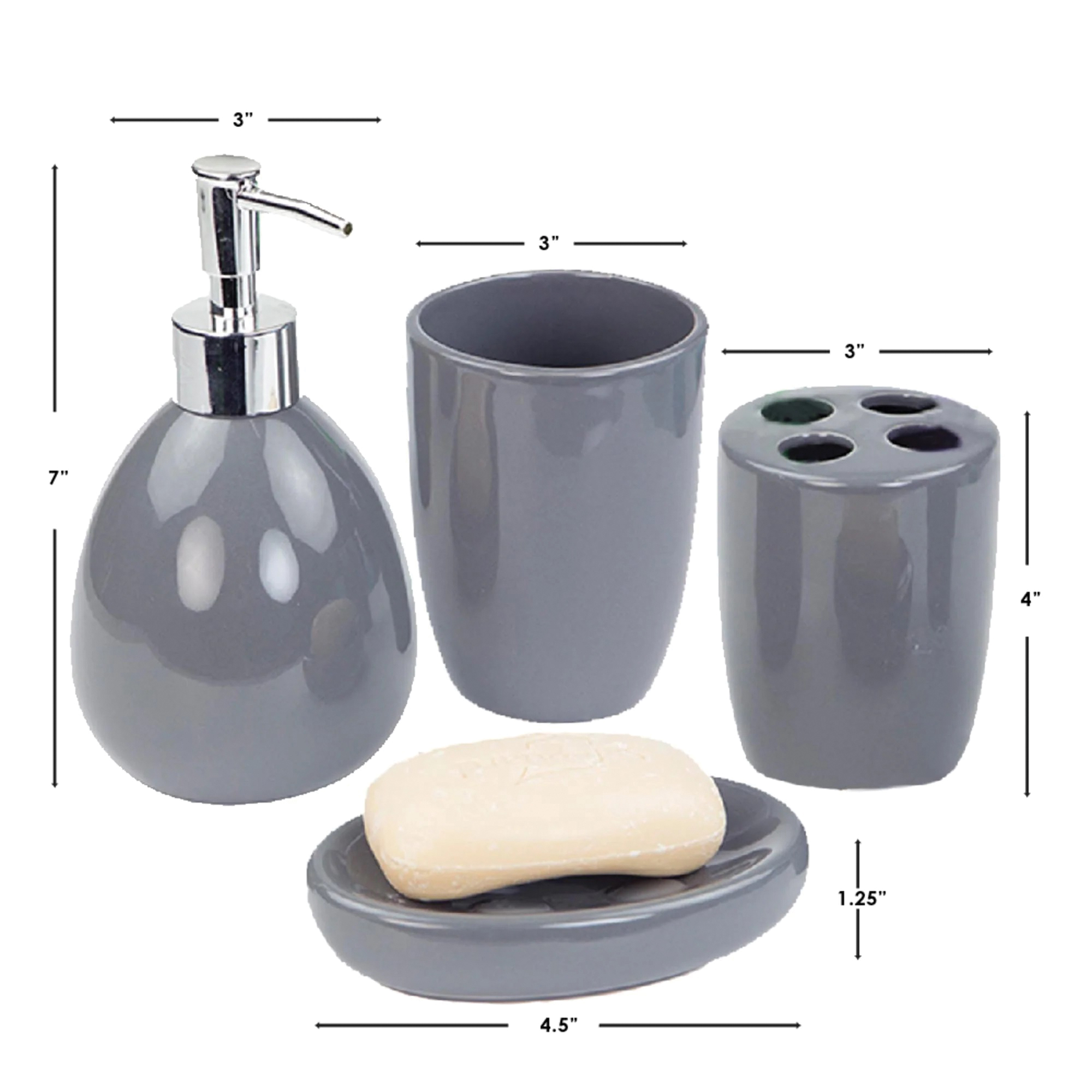Home Basics BA41532 Bath Accessory Set, 4-Piece, Ceramic, Sleek, Gray - 3