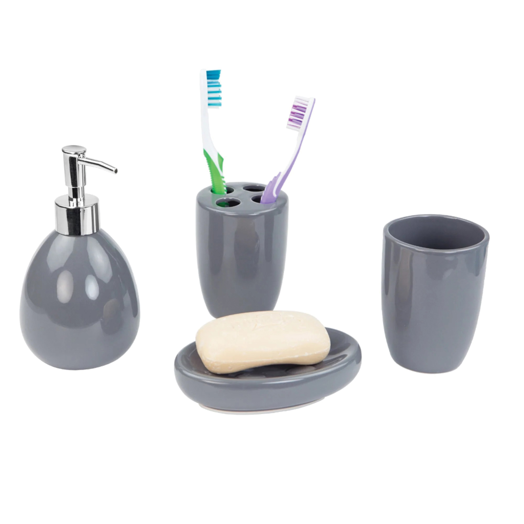 Home Basics BA41532 Bath Accessory Set, 4-Piece, Ceramic, Sleek, Gray - 4