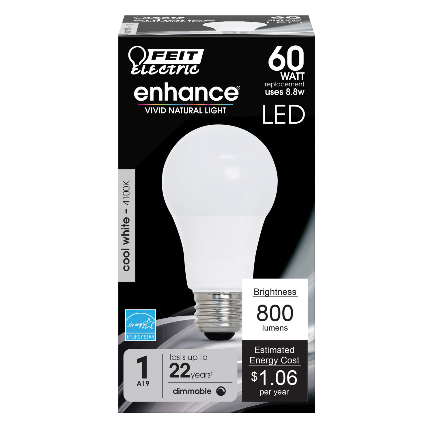Feit Electric OM60DM/940CA Light Bulb, General-Purpose, A19 Lamp, 60 W Equivalent, E26 Medium Lamp Base, Dimmable - 1