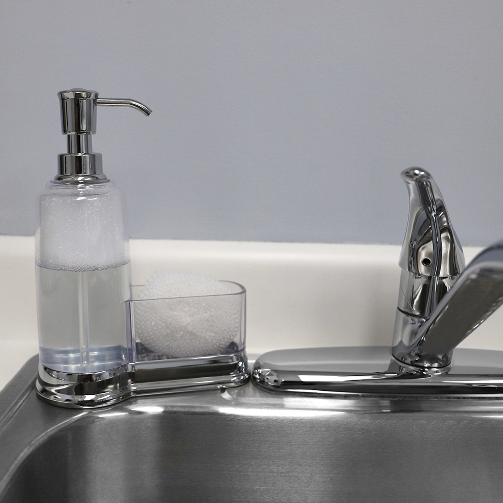 Home Basics SD37028 Soap Dispenser with Sponge Compartment, 13 oz, Plastic, Clear, Chrome - 5