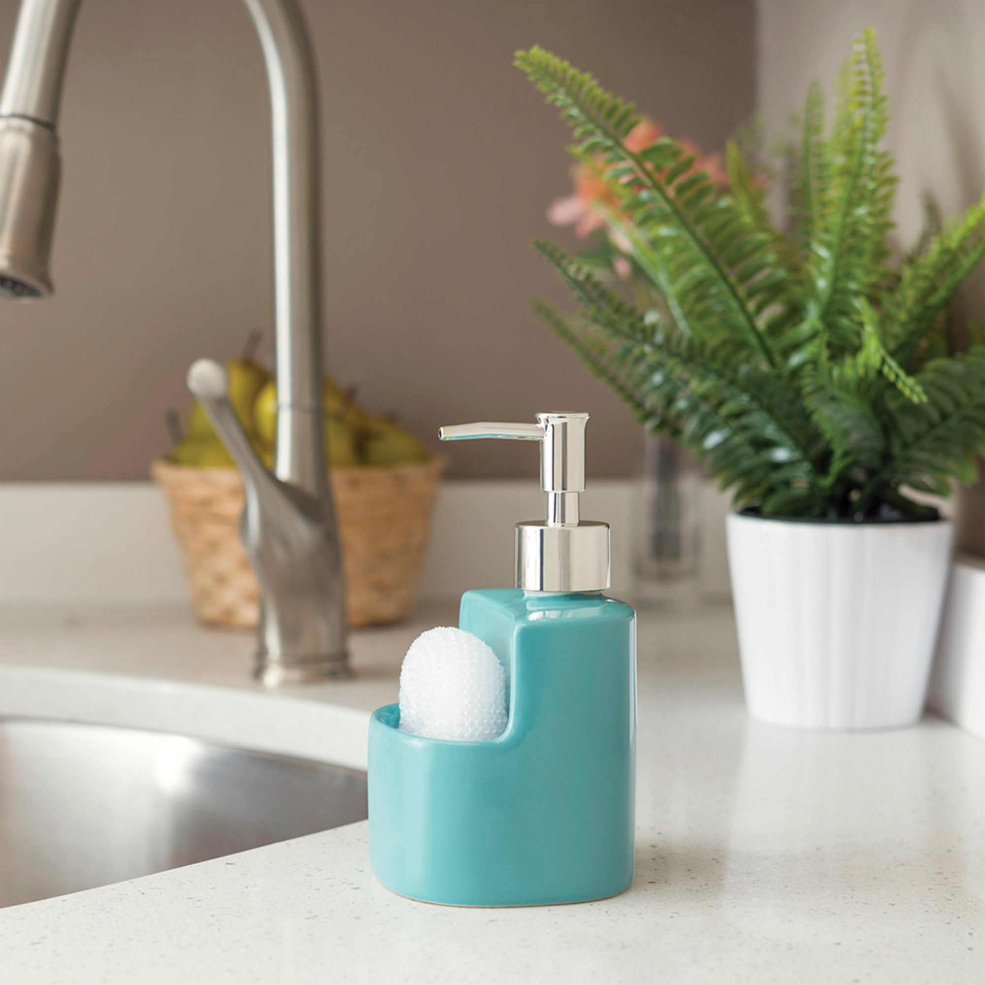 Home Basics SD41149 Square Soap Dispenser, 8 oz, Ceramic/Steel - 1