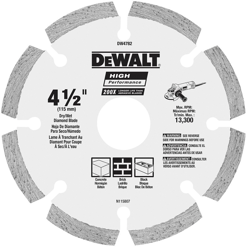 DW4782 Saw Blade, 4-1/2 in Dia, 7/8 in Arbor, Diamond Cutting Edge, Segmented Rim