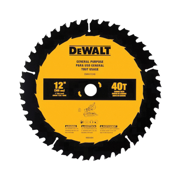 DWA11240 General-Purpose Circular Saw Blade, 12 in Dia, 1 in Arbor, 40-Teeth