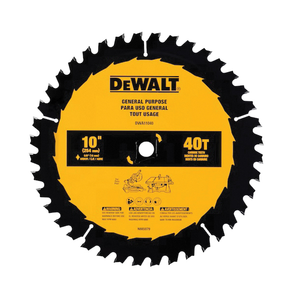 DWA11040 General-Purpose Circular Saw Blade, 10 in Dia, 5/8 in Arbor, 40-Teeth, Wood Cutting Edge