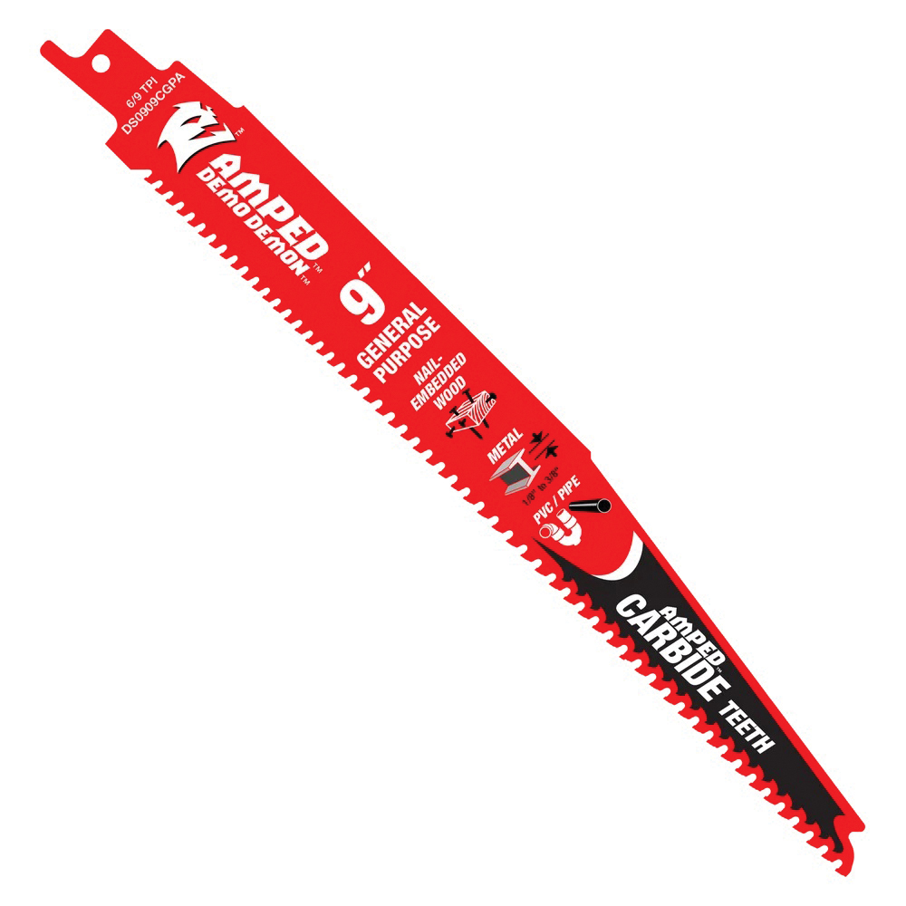 Steel Demon AMPED Series DS0909CGPA Reciprocating Saw Blade, 1 in W, 9 in L, 6/9 TPI, Carbide Cutting Edge, 1/PK