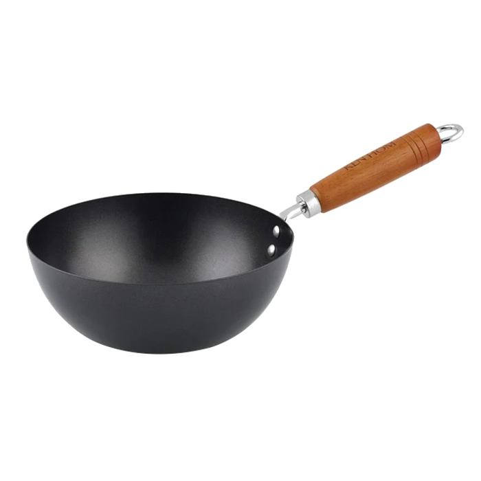 Ken Hom KH320001U Mini Wok, 20 cm Dia, 11 cm H, Carbon Steel Pan, Black Pan, Long Handle, Wood Handle - 1