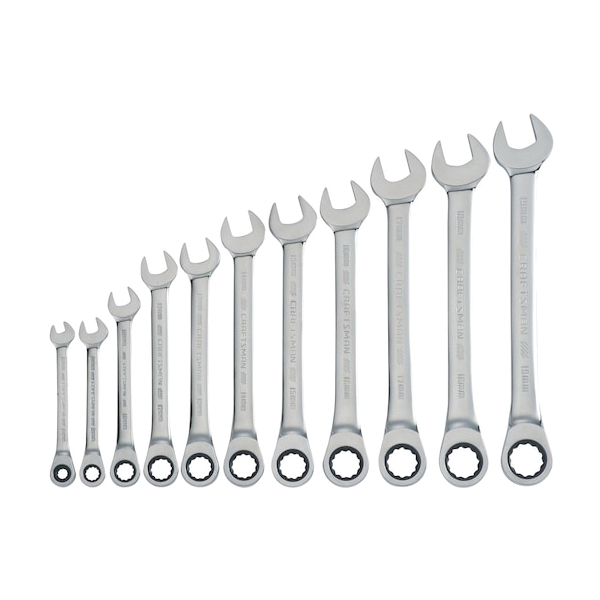 CMMT87021 Ratcheting Combination Wrench Set, 11-Piece, Steel, Full Polish Chrome, Metric Measurement System