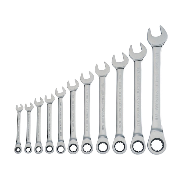 CMMT87022 Ratcheting Combination Wrench Set, 11-Piece, Steel, Full Polish Chrome, SAE Measurement System