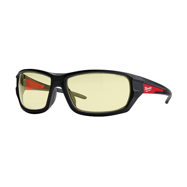 48-73-2120 Safety Glasses, Black/Red Frame, Unisex, Anti-Scratch Lens, Polycarbonate Lens, Yellow Lens