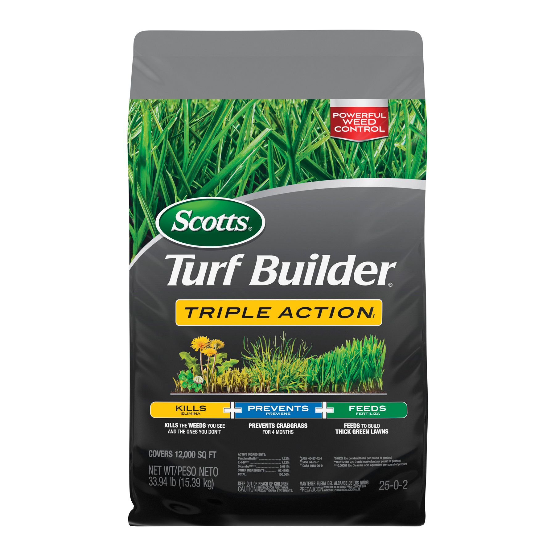 Turf Builder 26019 Triple Action Lawn Fertilizer, Granular, 12000 sq-ft, 33.94 lb Bag, 25-0-2 N-P-K Ratio