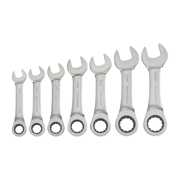 CMMT87025 Stubby Ratcheting Wrench Set, 7-Piece, Steel, Full Polish Chrome