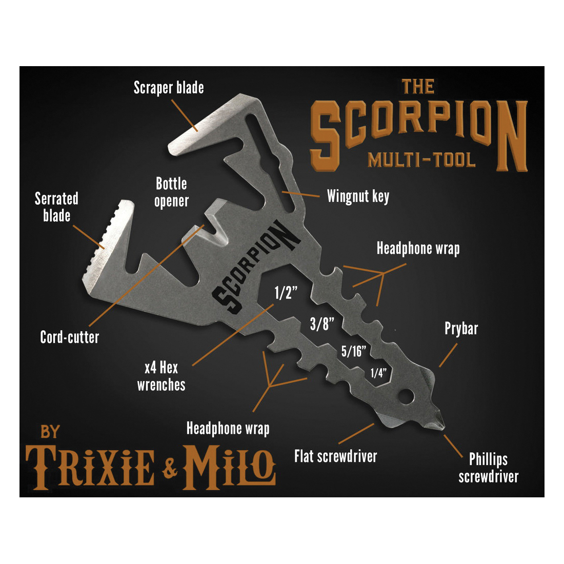 Trixie & Milo TOOL-SCORP Scorpion Multi-Tool, 12-Function, 420 Stainless Steel, Silver - 2