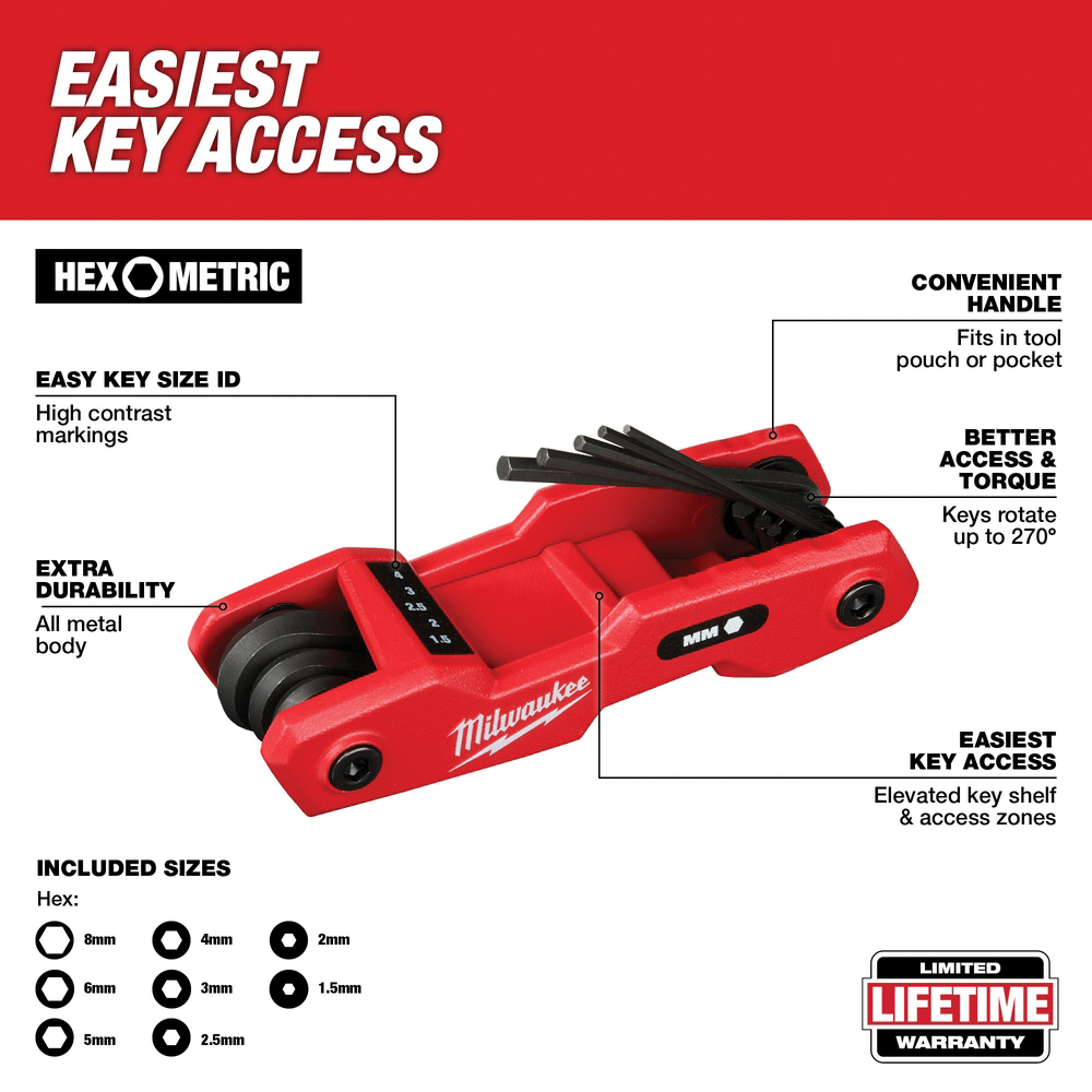 Folding Hex Key Set, Milwaukee, Aluminum/Steel, Black Oxide, Black/Red, Specifications: Metric Measurement - 2