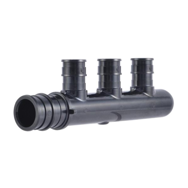 UAMPT3C Multi-Port Closed Pipe Tee, 3/4 in Inlet, 3-Outlet, 1/2 in Outlet, Acudel Polymer, Black