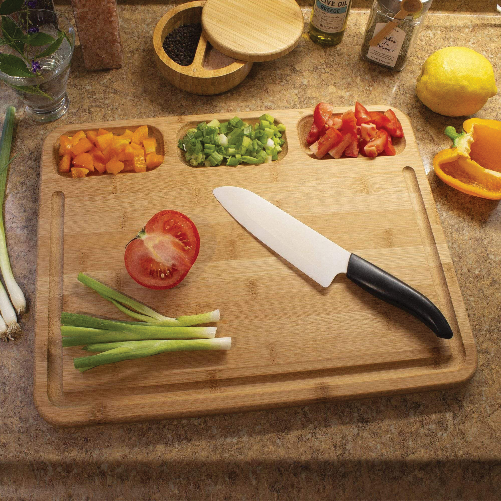 3-Well Kitchen Prep Cutting Board with Juice Groove - 20-3011