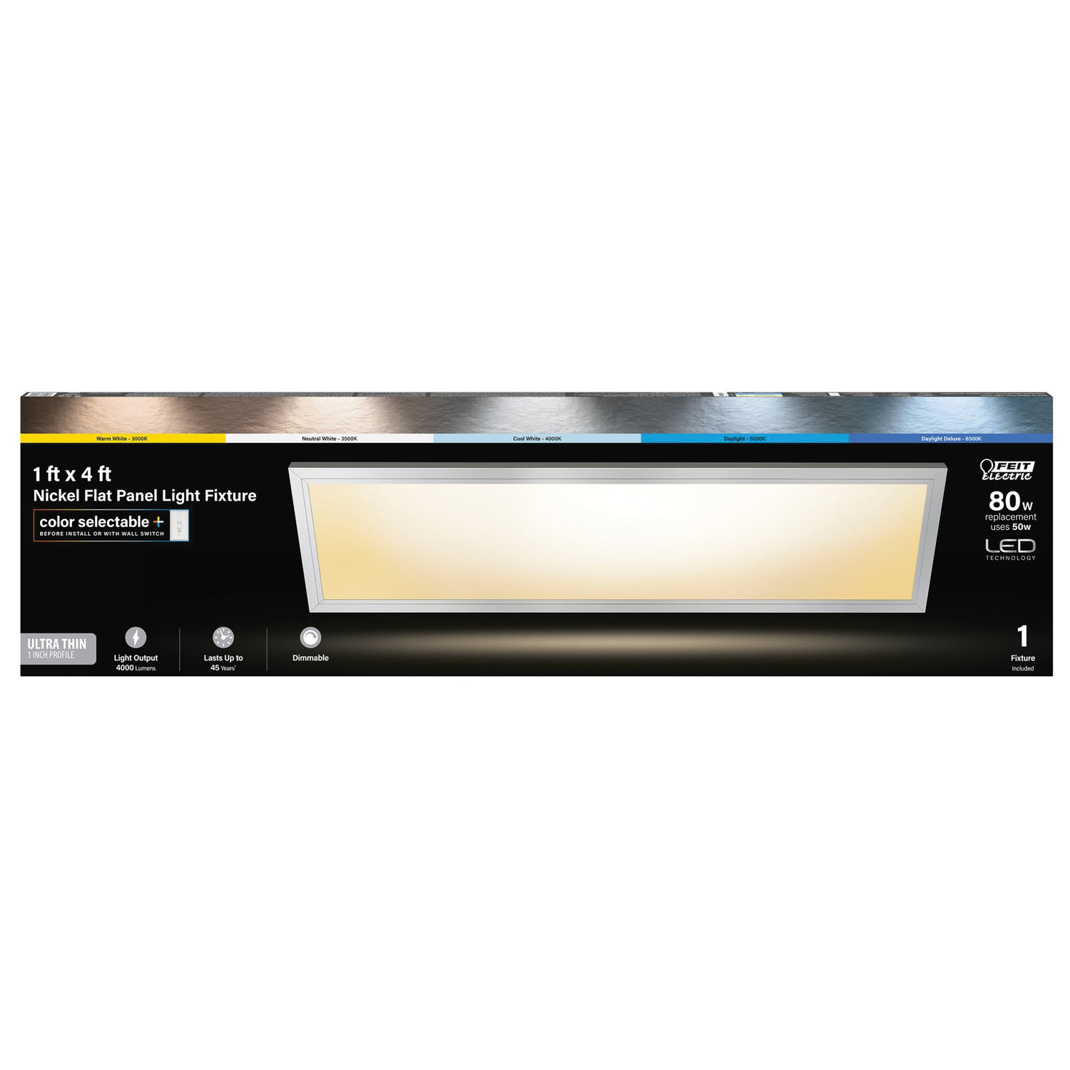 Feit Electric FP1X4/6WY/NK Light Fixture, 120 V, 50 W, LED Lamp, 4000 Lumens, 3000 to 6500 K Color Temp - 2