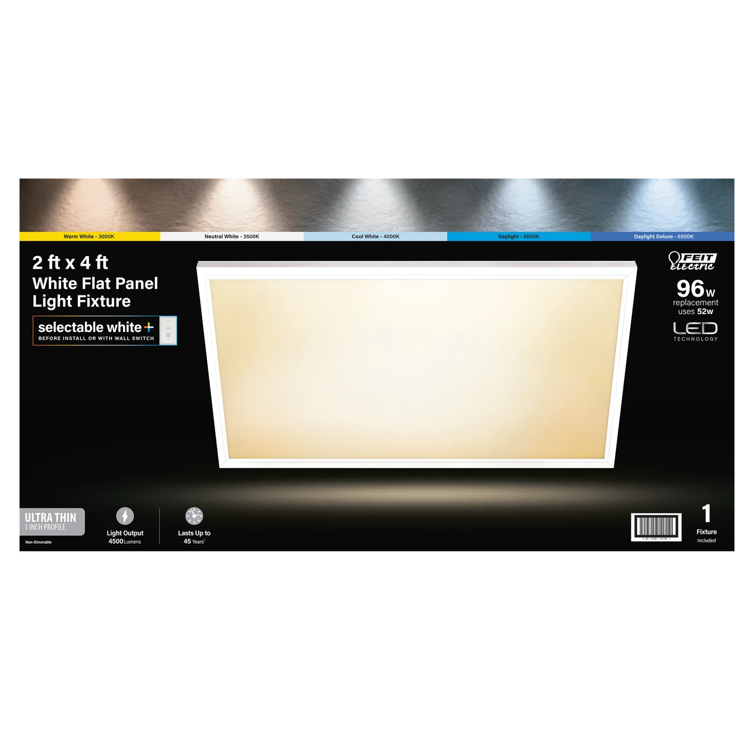 Feit Electric FP2X4/6WY/WH Light Fixture, 120 to 277 V, 52 W, LED Lamp, 4500 Lumens, 3000 to 6500 K Color Temp - 3