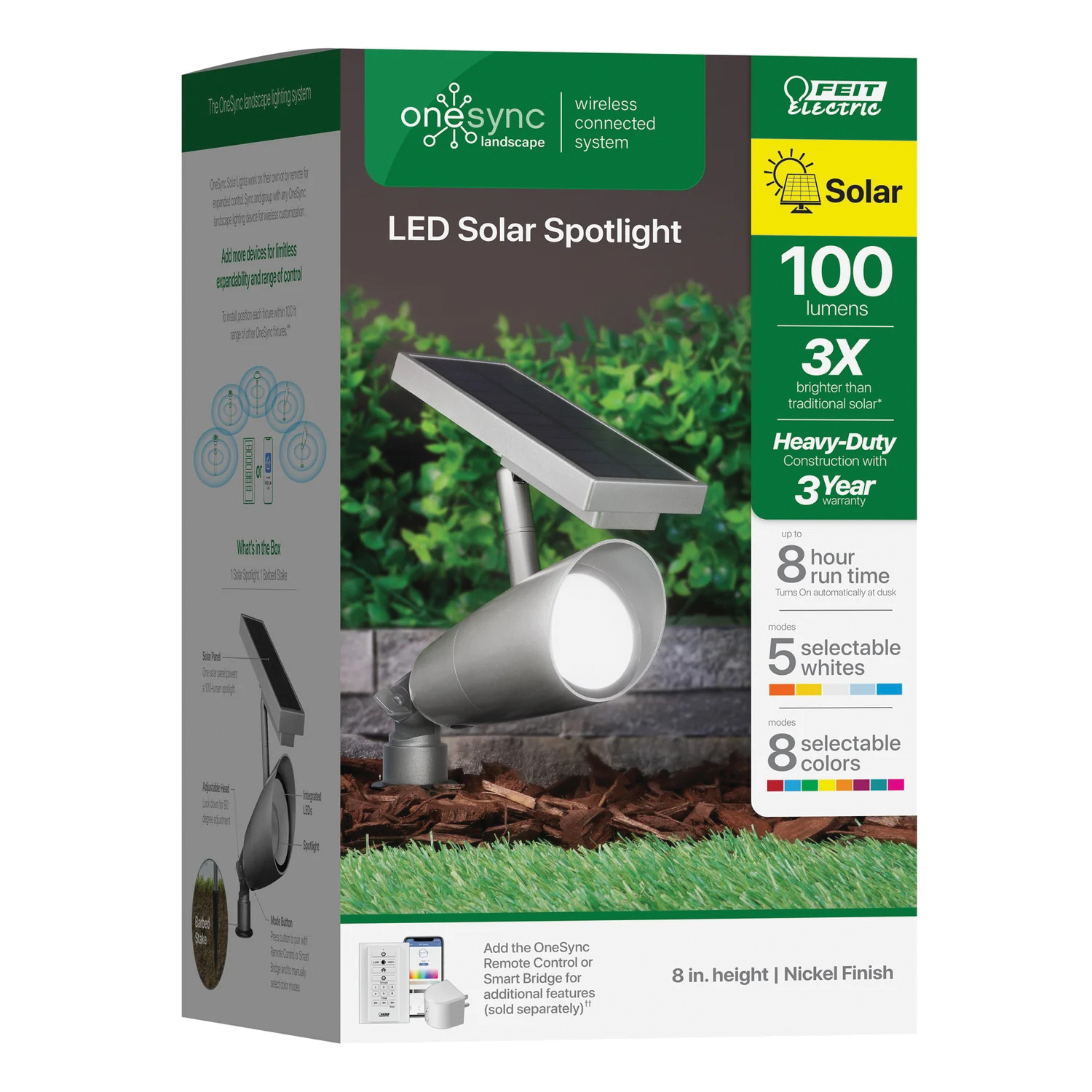 OneSync LED Landscape Solar Spotlight, Feit Electric, 100 Lumens Aluminum Fixture, Nickel Finish - 2