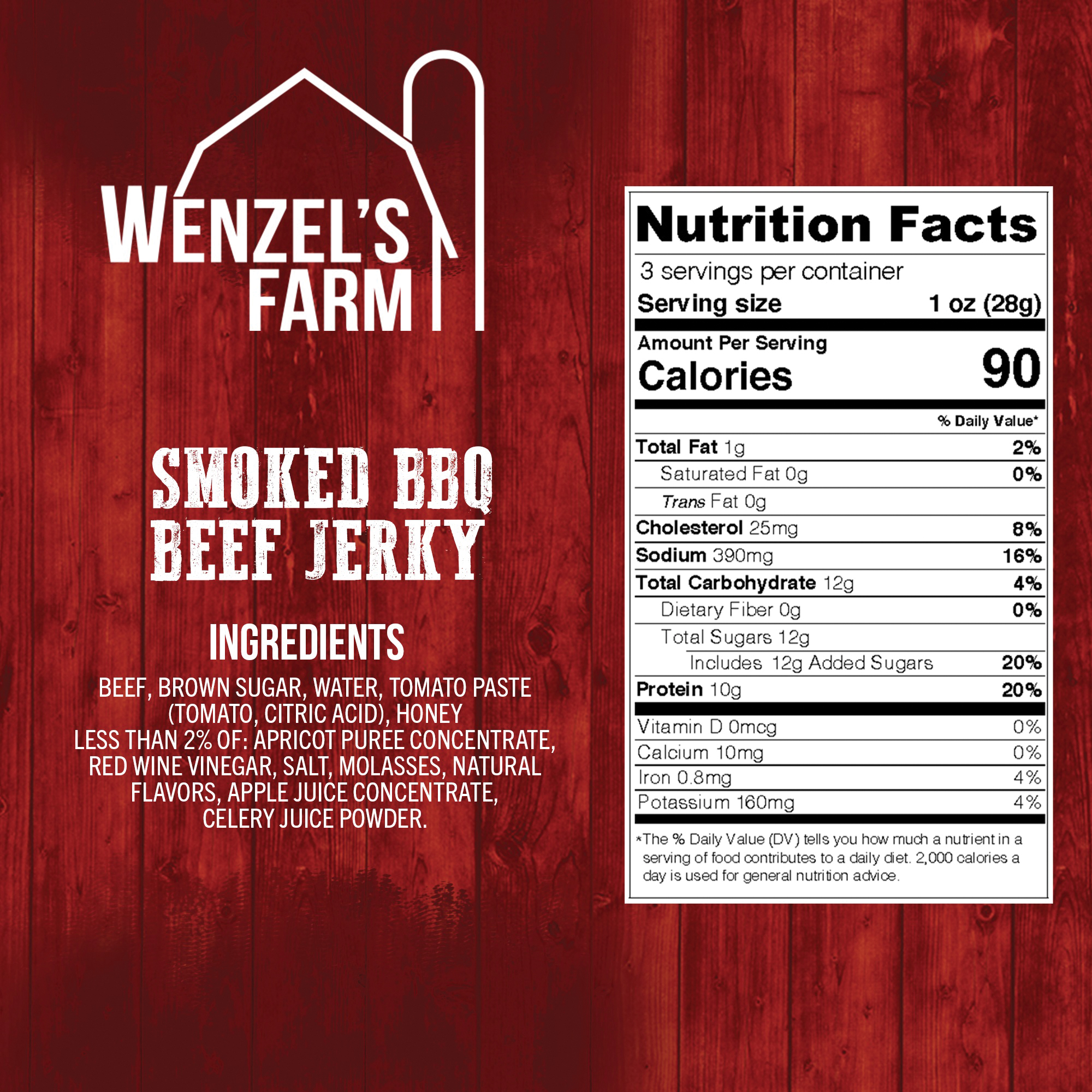 Wenzel's Farm 00378 Jerky, Smoked BBQ Beef, 3 oz - 2