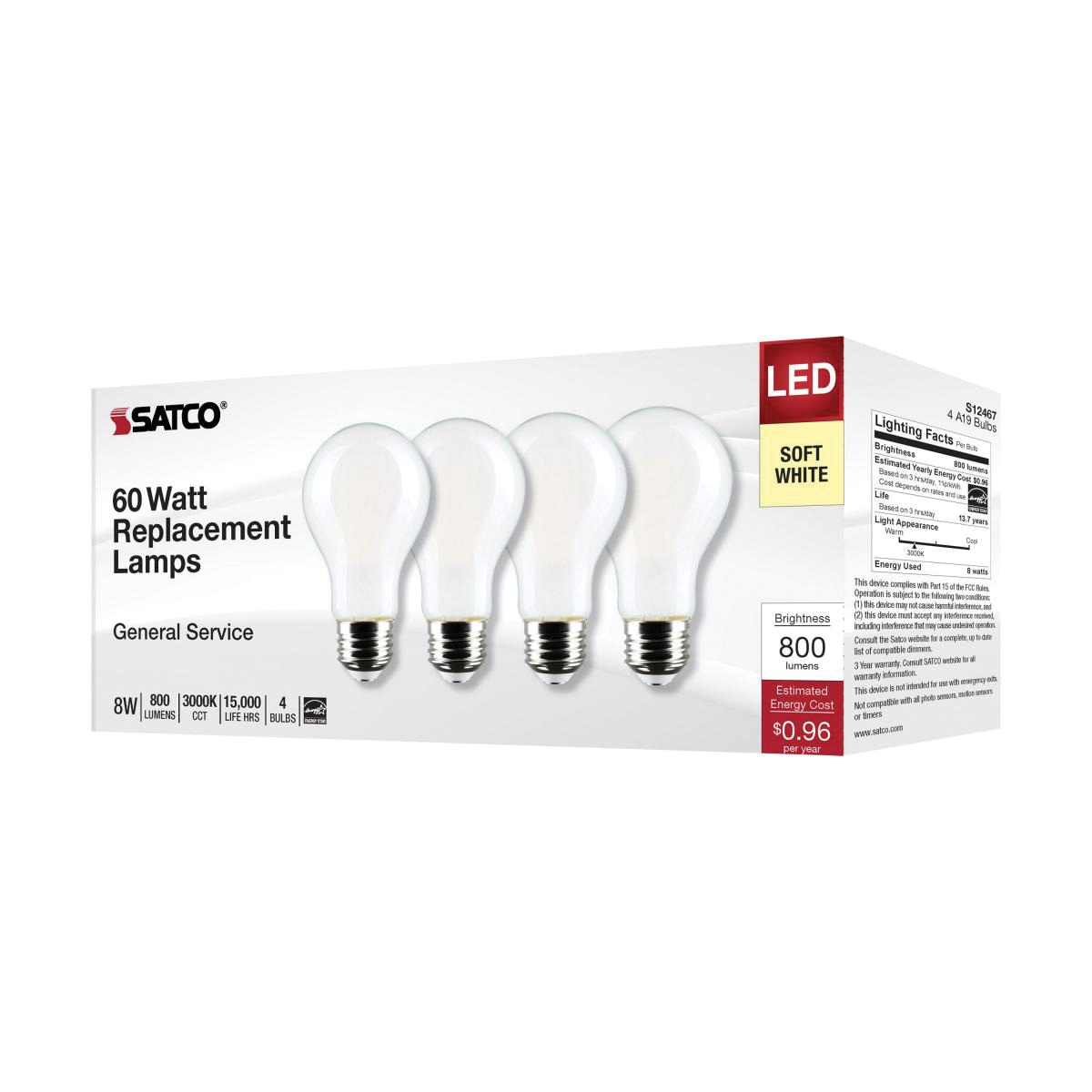 4 pk LED Bulbs, Satco, 60 Watt Equivalent, A19, E26, 800 Lumens, 3000 K - 1