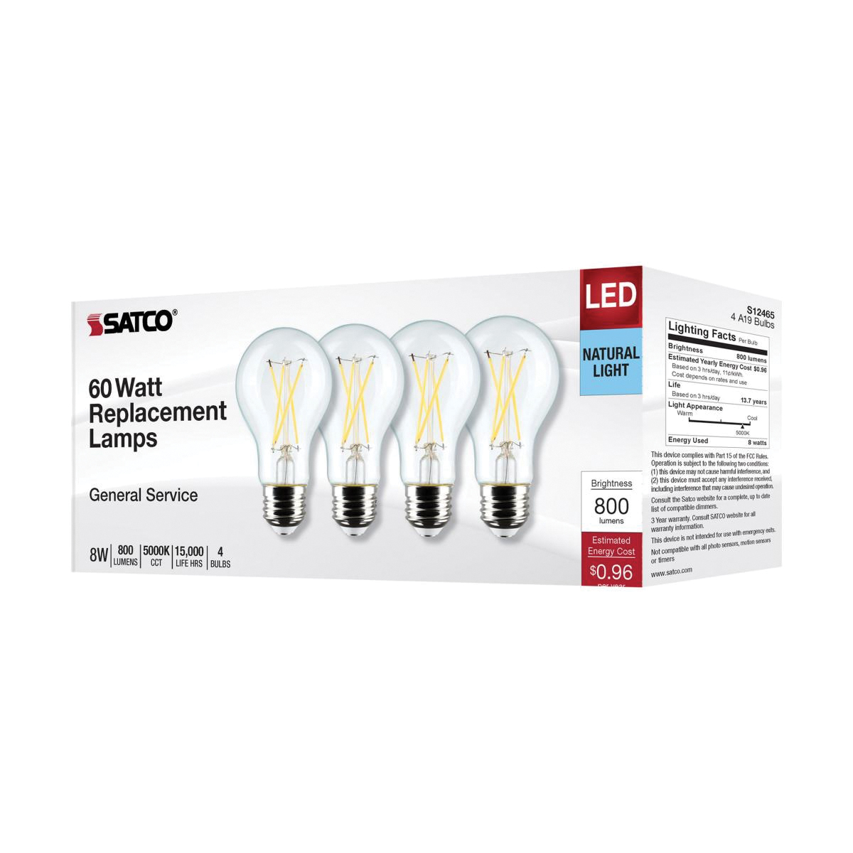 4 Pack 8 Watt Natural Light 5000K A19 Clear Medium Base