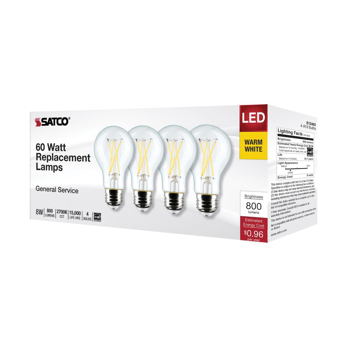 4 pk LED Bulbs, Satco, 60 Watt Equivalent, A19, E26, 800 Lumens, 2700 K - 2