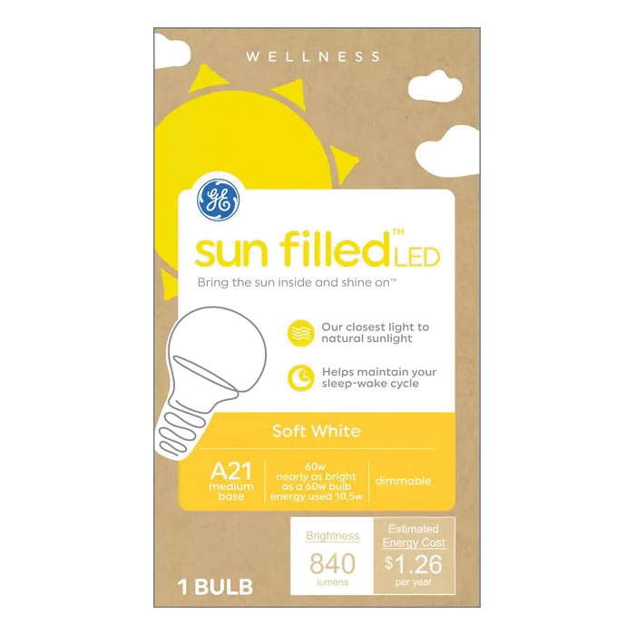 Sun Filled 93129184 LED Light Bulb, General-Purpose, A21 Lamp, 60 W Equivalent, E26 Medium Lamp Base, Dimmable, White