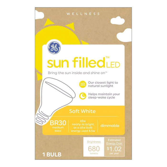 Sun Filled 93129186 LED Light Bulb, BR30 Lamp, 65 W Equivalent, E26 Medium Lamp Base, Dimmable, White