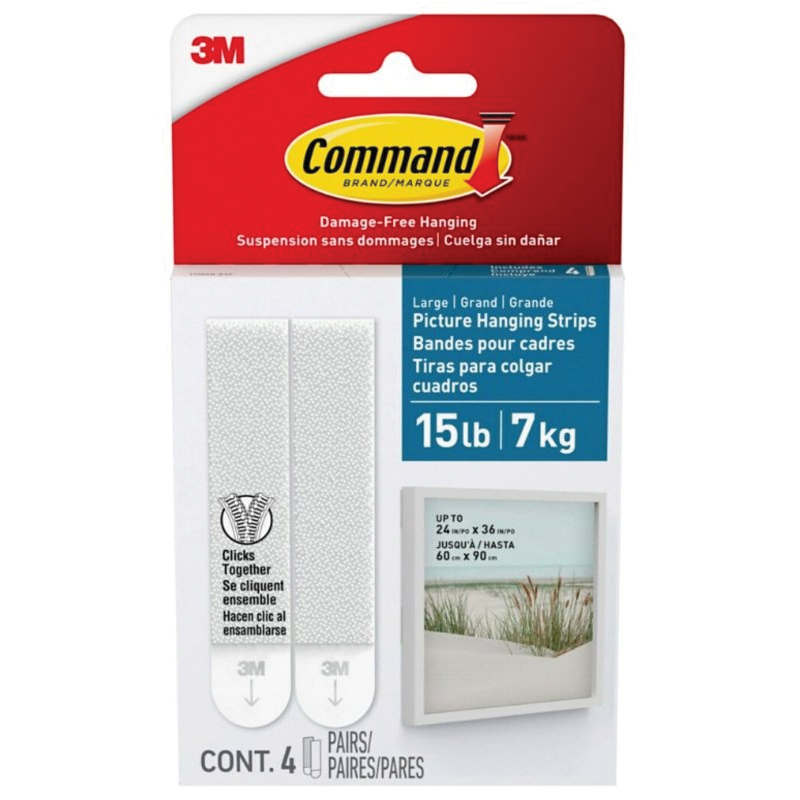 17206B-ES Picture Hanging Strip, 4 lb, 4-Hook, Foam, White