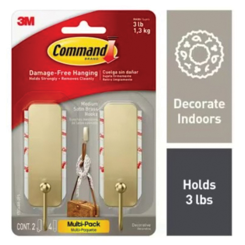 17034BR-2ES Medium Hook, 2-Hook, Brass, Satin, 3 lb